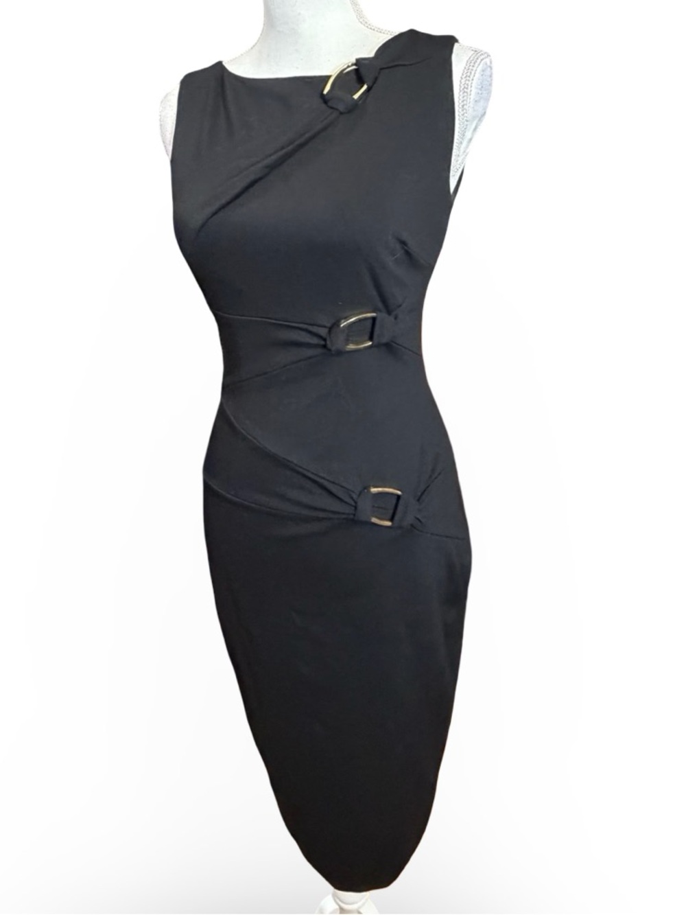 Caché Black O-Ring Asymmetric Sheath Midi Dress Size 0